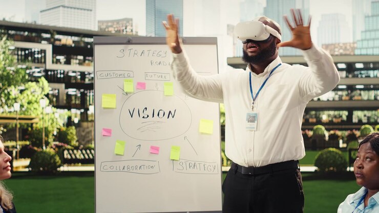 Black businessman adjusting VR glasses during outdoor strategy planning