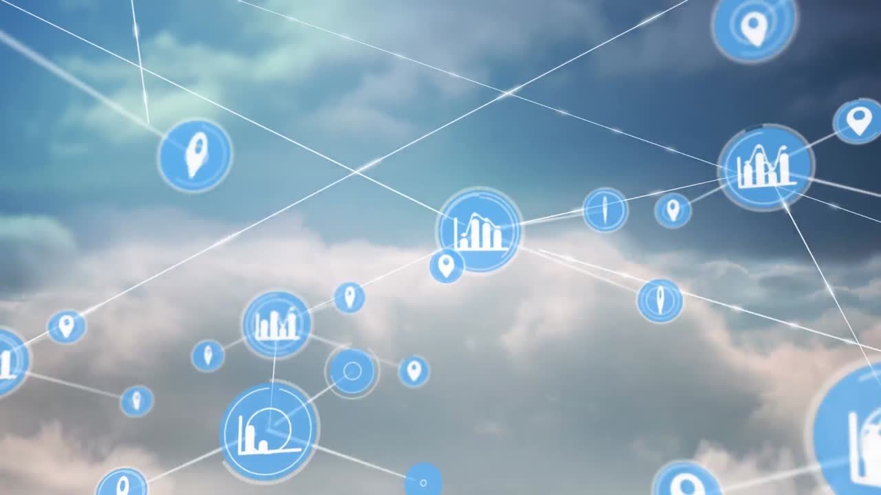 animación de la red de conexiones con iconos en el cielo nublado en el fondo