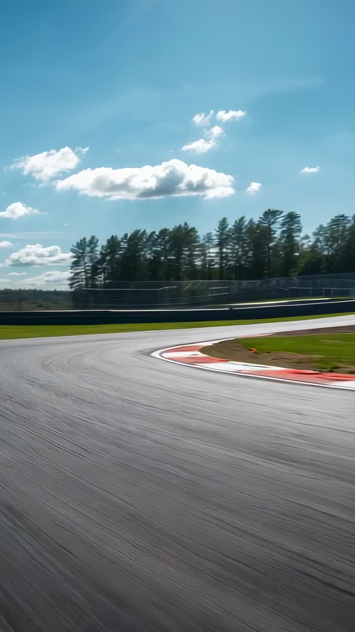 Vertical video: Starting camera capturing car hugging kerb through right bend, with guardrail