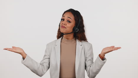 woman, choice hands and face with telemarketing