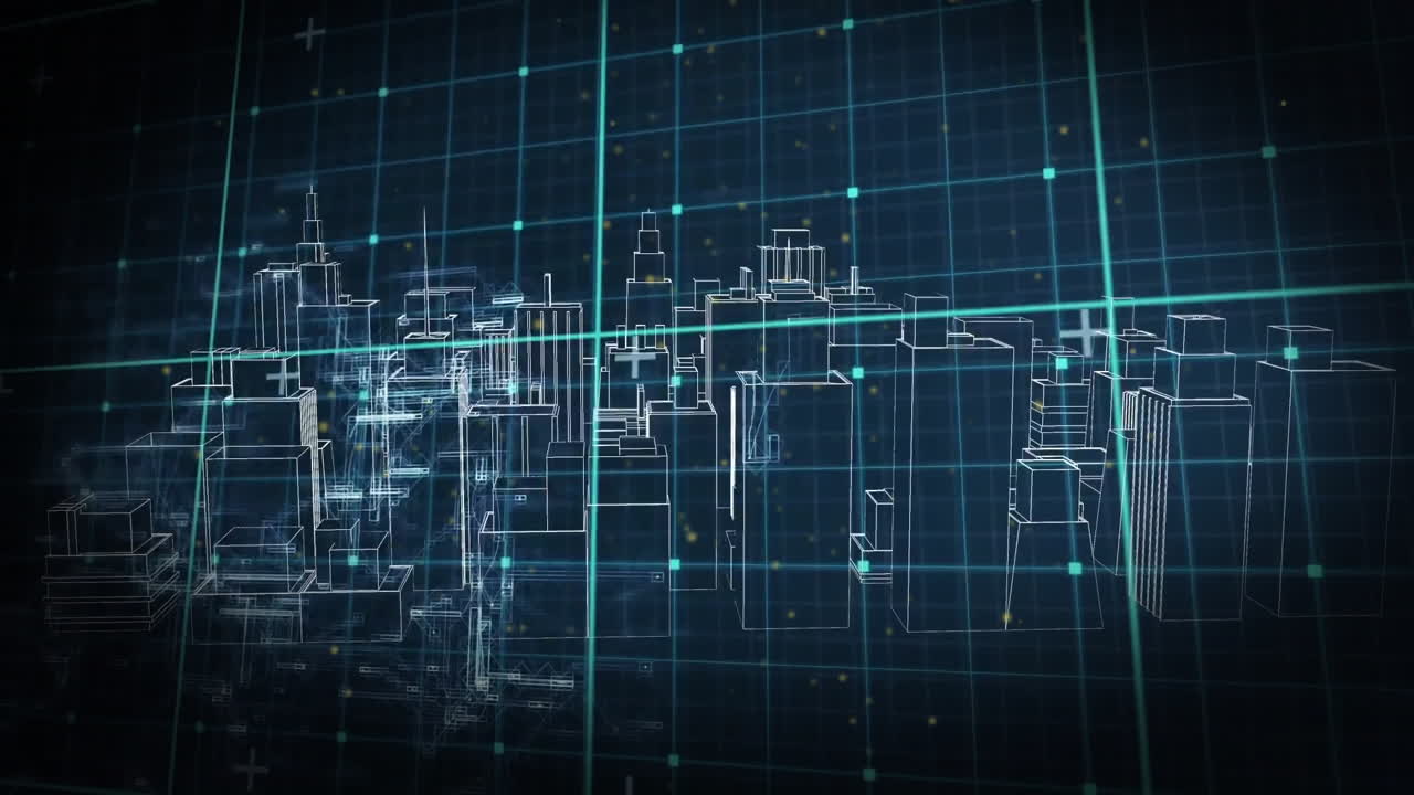 animazione del paesaggio urbano e elaborazione dei dati su griglia su sfondo scuro