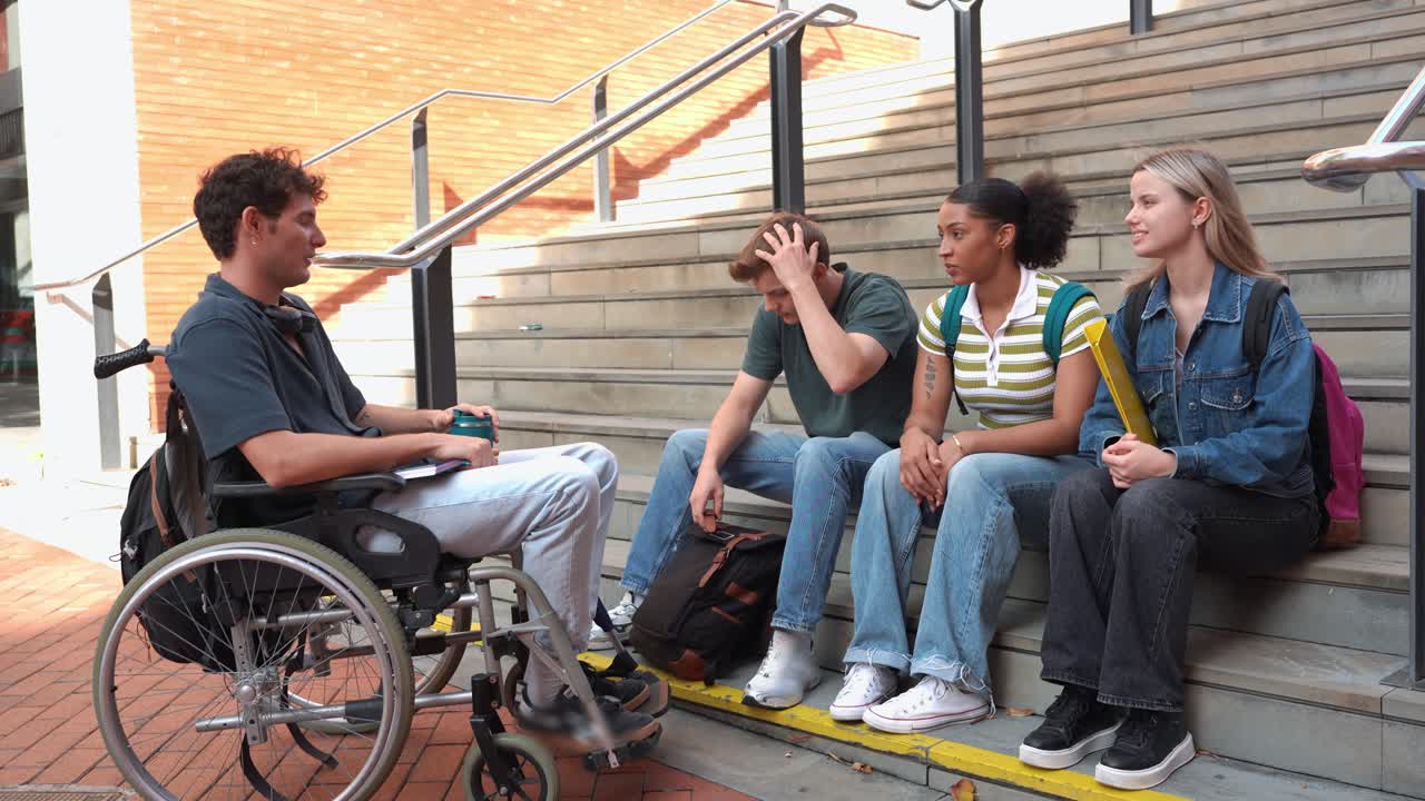 Diverse Group of Students Talking on Steps, One in a Wheelchair