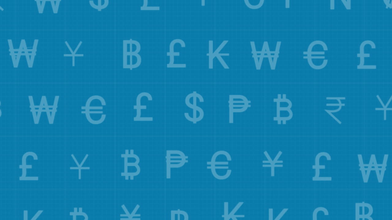 Animazione di elaborazione di dati finanziari e simboli di valuta su sfondo blu