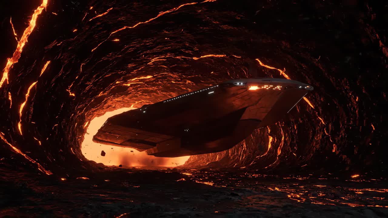 Spaceship flying through a lava tunnel