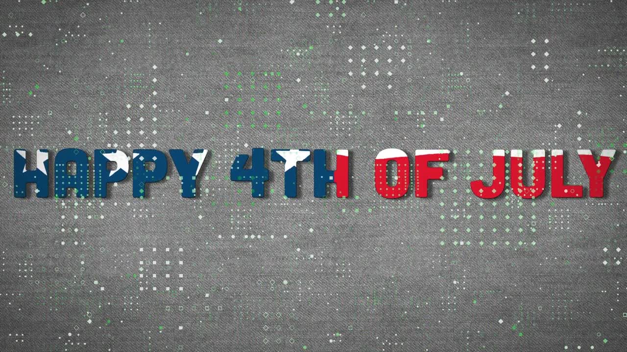 Motivo a puntini e design a bandiera americana sul testo "Felice 4 luglio" su sfondo grigio.