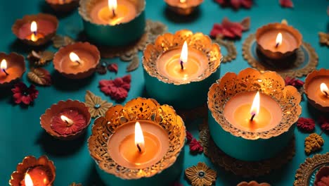 teal and gold candles, diwali decor