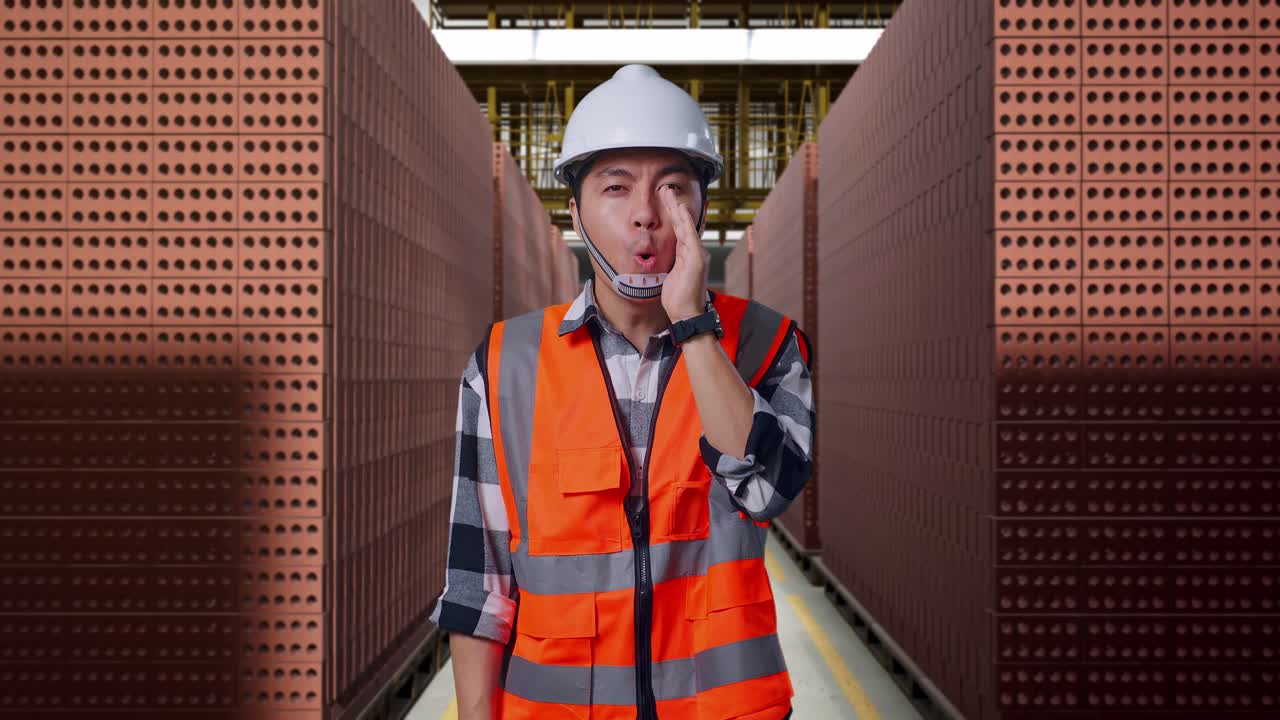 Asian Male Engineer With Safety Helmet Yelling With Hand Over Mouth While Standing With Red Brick Packed in Stacks Are Stored