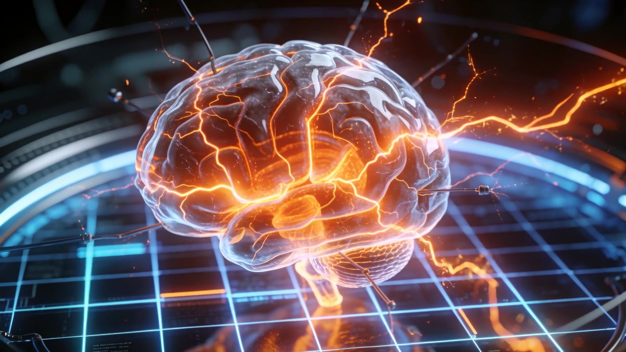Probes contacting translucent 3D brain, igniting orange currents tracing gyri on blue grid for scan