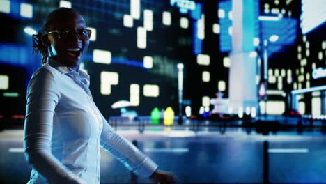 woman greeting pedestrians on boulevard