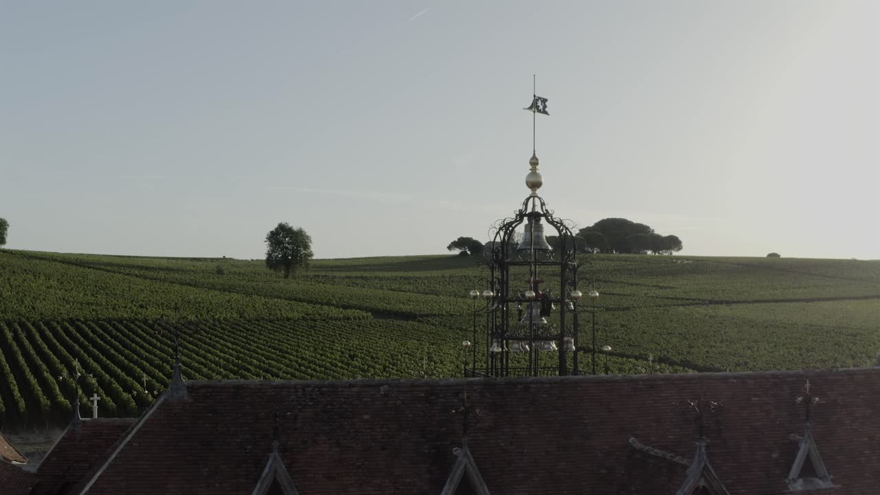 Château Angelus castle and vineyards in Saint-Émilion, France. Aerial drone lateral view