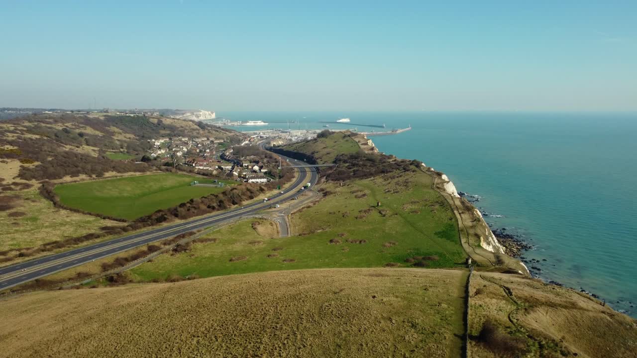Aerial view of Dover coastline with cliffs and highway