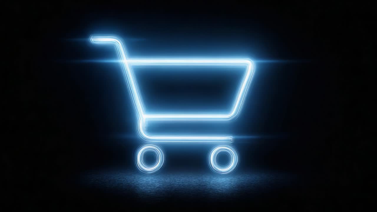 A Stunning Neon Shopping Cart Icon Illuminated Against a Dark Background, Perfectly Capturing the Essence of Modern Online Shopping and E-Commerce Aesthetics