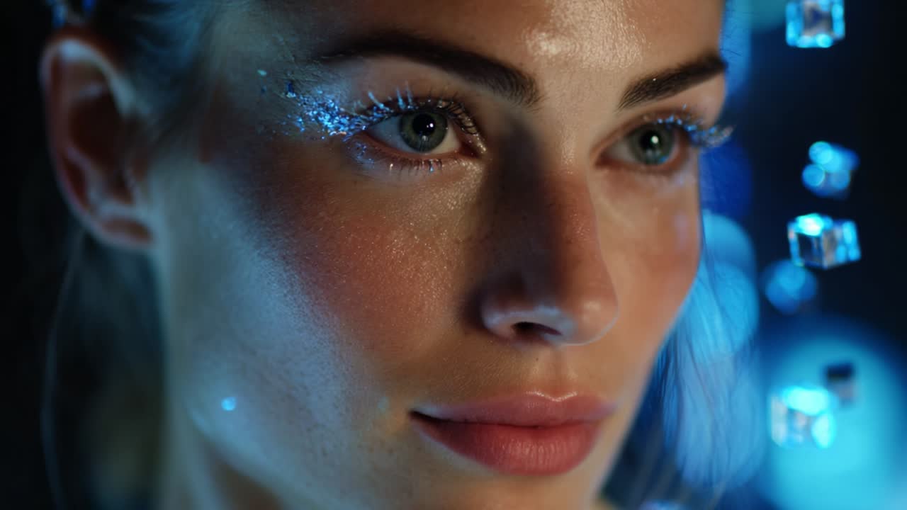 Captivating Close-Up of a Young Woman with Sparkling Eyes and Glittering Makeup Set Against a Softly Illuminated, Dreamy Background Featuring Floating Blue Lights and Bubbles for a Mystical Effect