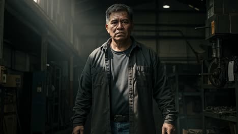 in a well-lit workshop, an experienced worker stands confidently among tools and equipment. the atmosphere conveys a sense of hard work and commitment, highlighting the skills and knowledge gained over years. this individual appears focused, reflecting a deep understanding of the craft. surrounding