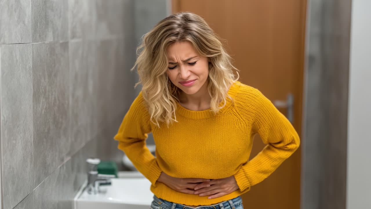 A woman experiences discomfort in a restroom, holding her stomach with a pained expression, showcasing the struggles of digestive issues and the impact on daily life