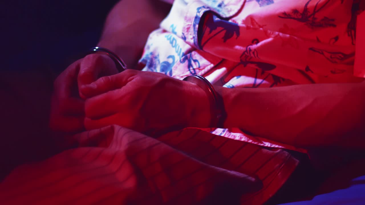 criminal esposado sentado en un coche de policía