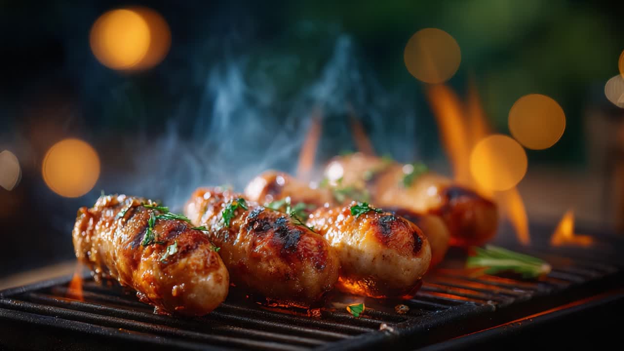 Deliciosas salchichas a la parrilla chispeando en la barbacoa, realzadas por un aroma ahumado y llamas brillantes, perfectamente guarnecidas para una experiencia apetitosa.