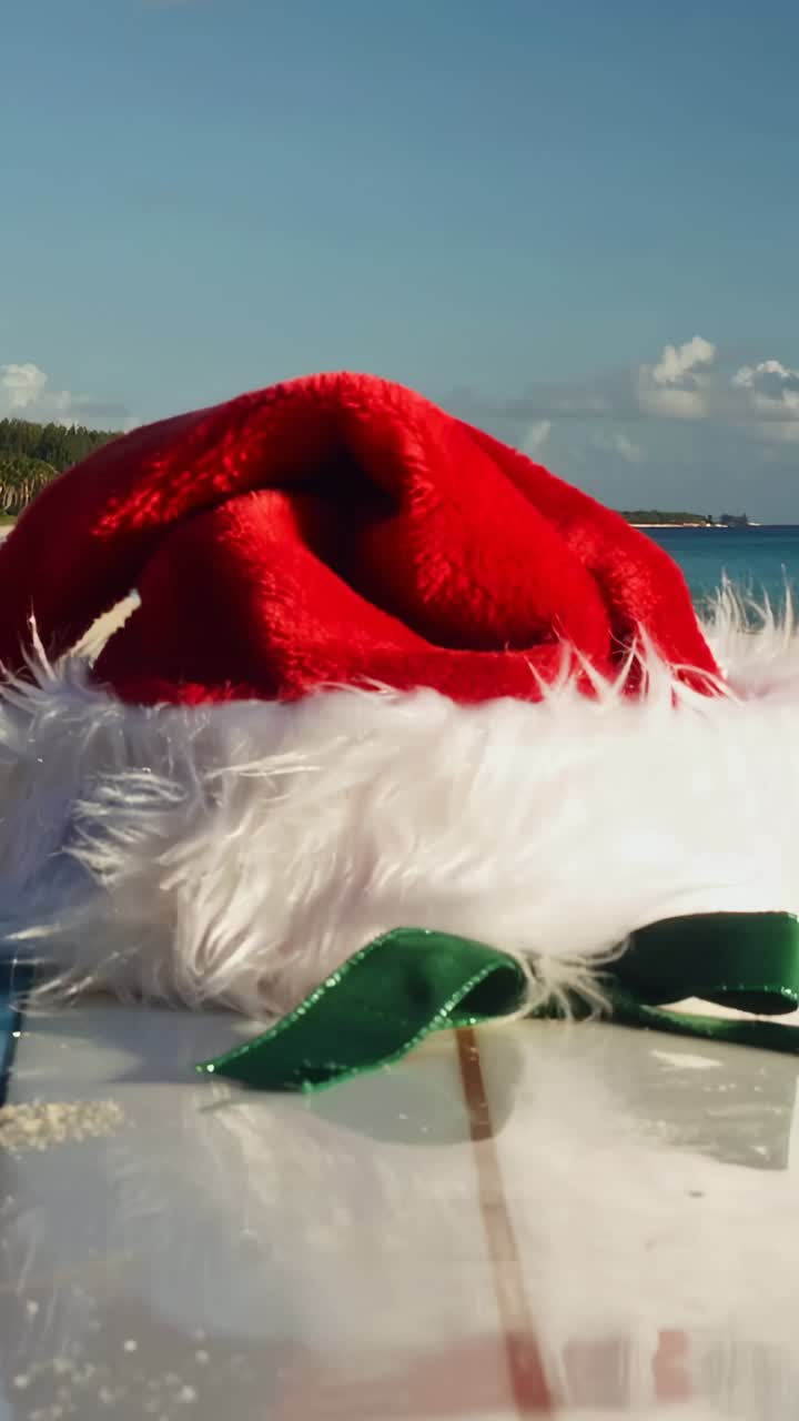 Vertical video: Pulling back camera revealing Santa hat-topped surfboard, beach driftwood and palms