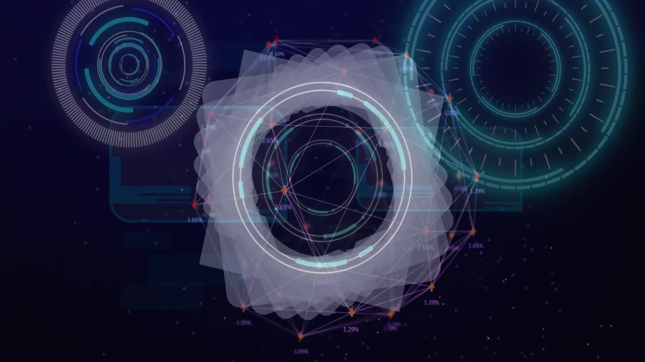 추상적인 배경에 있는 선과 상호 연결된 디지털 원과 점의 애니메이션