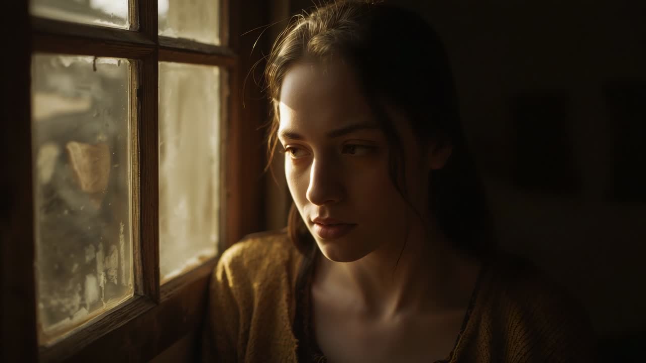 Luce calda che illumina, donna con maglione appoggiata alla finestra, che apre gli occhi e abbassa lo sguardo, riflettendo