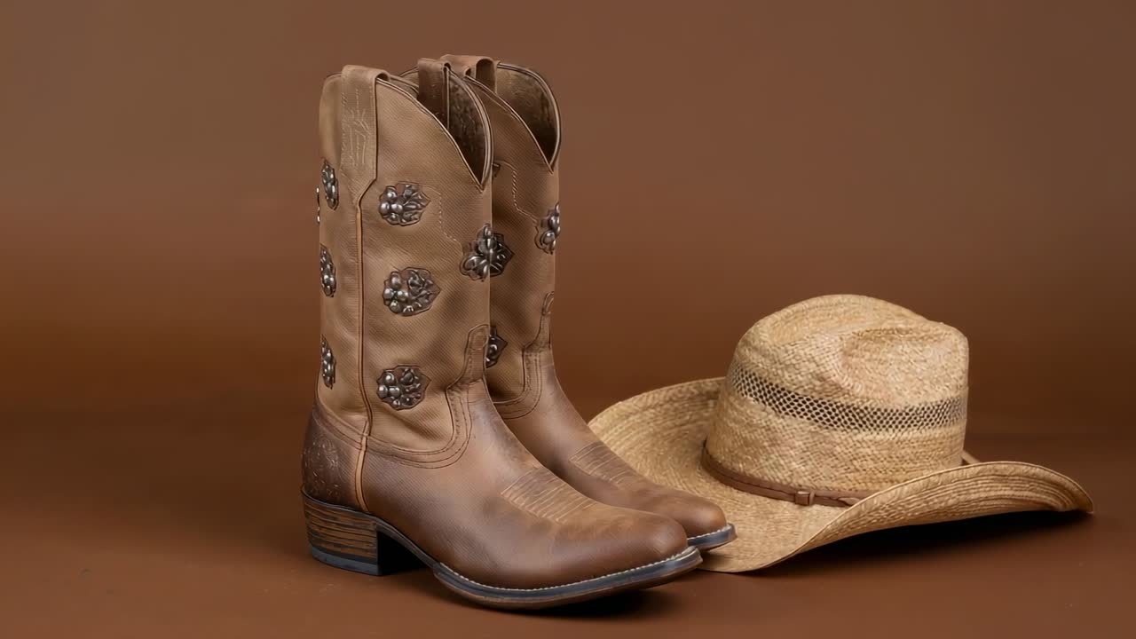 Camera panning across cowboy boots and straw cowboy hat in studio, showing conchos and mesh band
