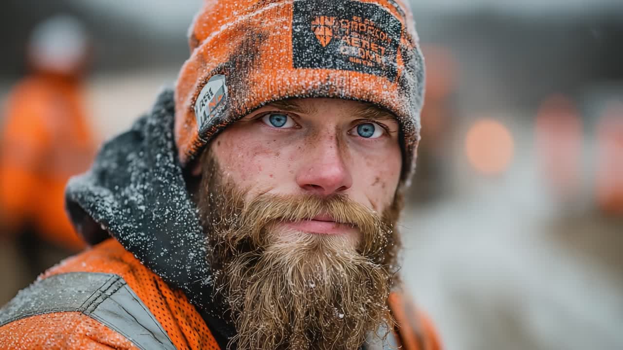 A Close-Up Portrait of a Determined Worker in Winter, Showcasing Resilience and Focus Amidst Harsh Conditions and Snowy Surroundings