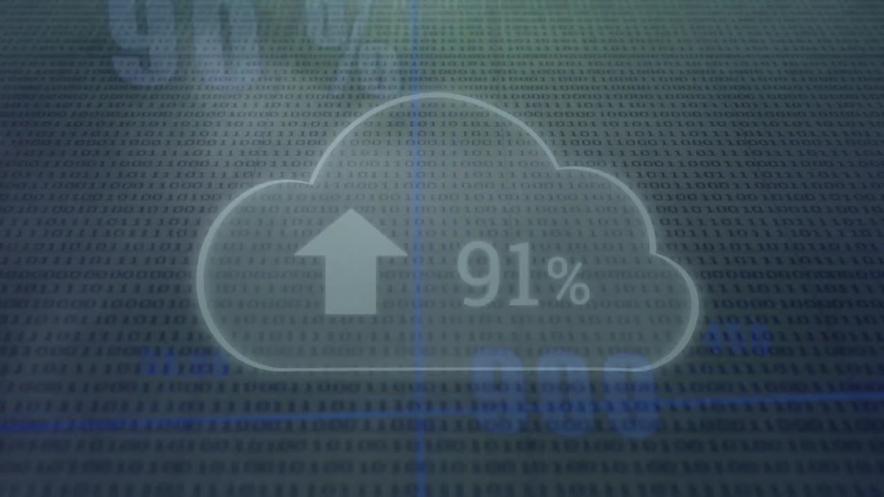 animación de la flecha hacia arriba y números crecientes de 0 a 100 en la nube sobre códigos binarios en el fondo.