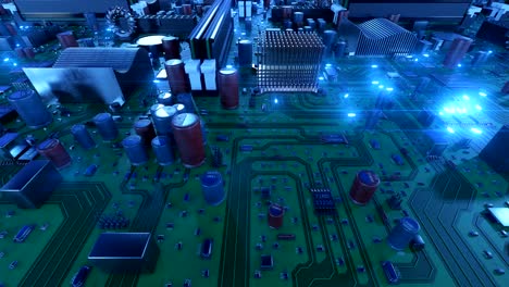 volando sobre la placa de circuito con señales azules. animación en bucle 3d de la placa base con llamaradas. tecnología y concepto digital.