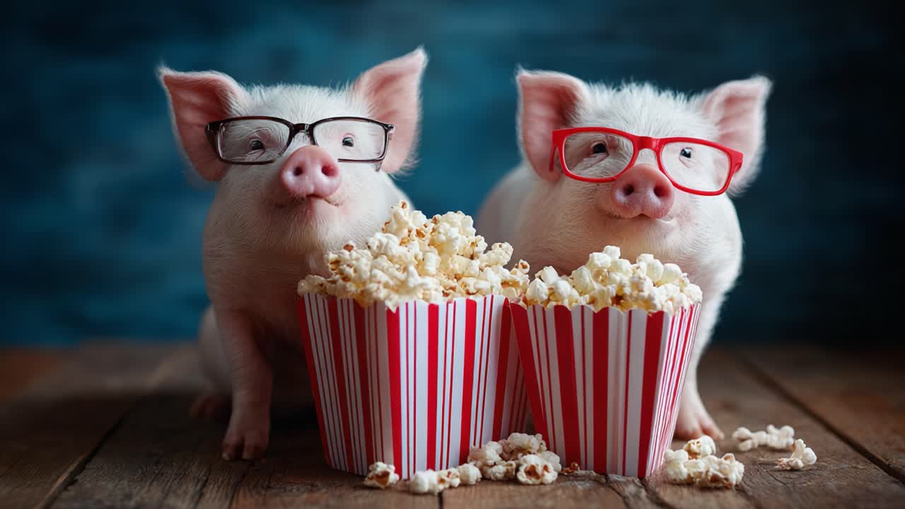 Two Adorable Pigs with Glasses Enjoying Popcorn Together, Captured in a Fun and Whimsical Scene Perfect for a Family-Friendly Setting or Animal Lovers