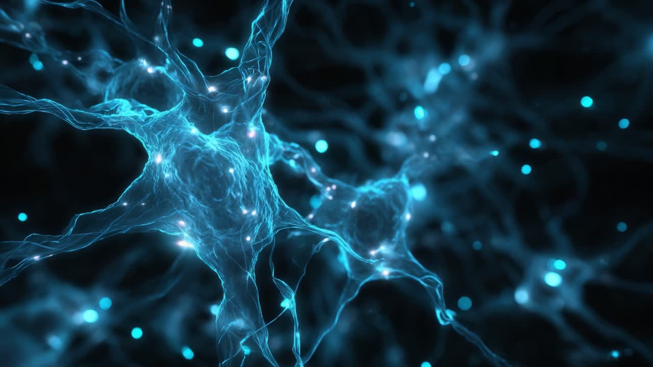 A mesmerizing visualization of neurotransmission within neural networks, showcasing intricate connections and glowing synapses against a dark background, highlighting the beauty of cellular communication and brain activity
