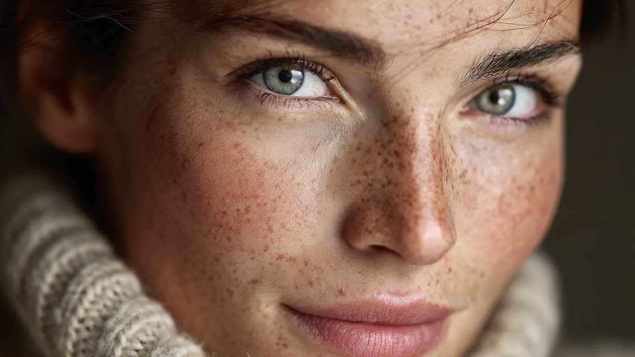 Captivating Close-Up Portrait of a Freckled Woman with Striking Green Eyes and Natural Beauty in a Cozy Sweater Setting