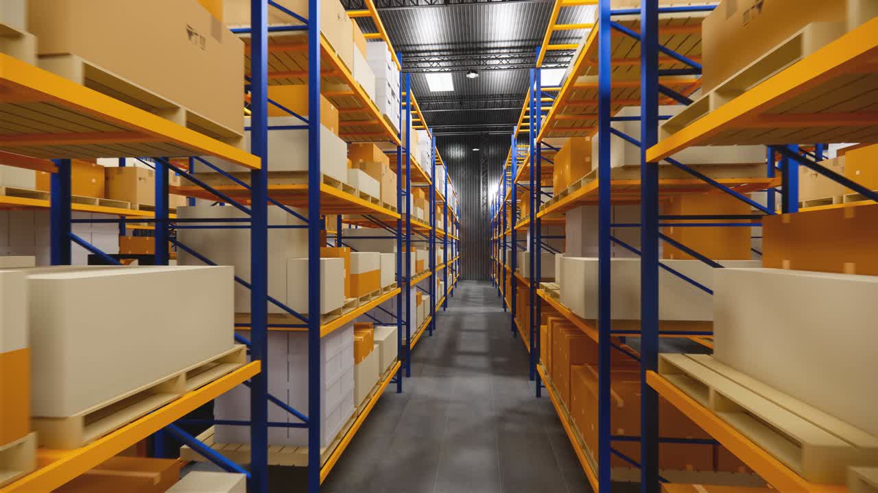 Warehouse with cardboard boxes inside on pallets racks, logistic center. Loft modern warehouse. Cardboard boxes on a conveyor belt in a warehouse, 4K 3D rendering  animation .
