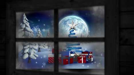 Animation-Von-Schnee,-Der-über-Den-Weihnachtsbaum-Und-Die-Geschenke-In-Der-Winterlandschaft-Fällt,-Gesehen-Durch-Das-Fenster