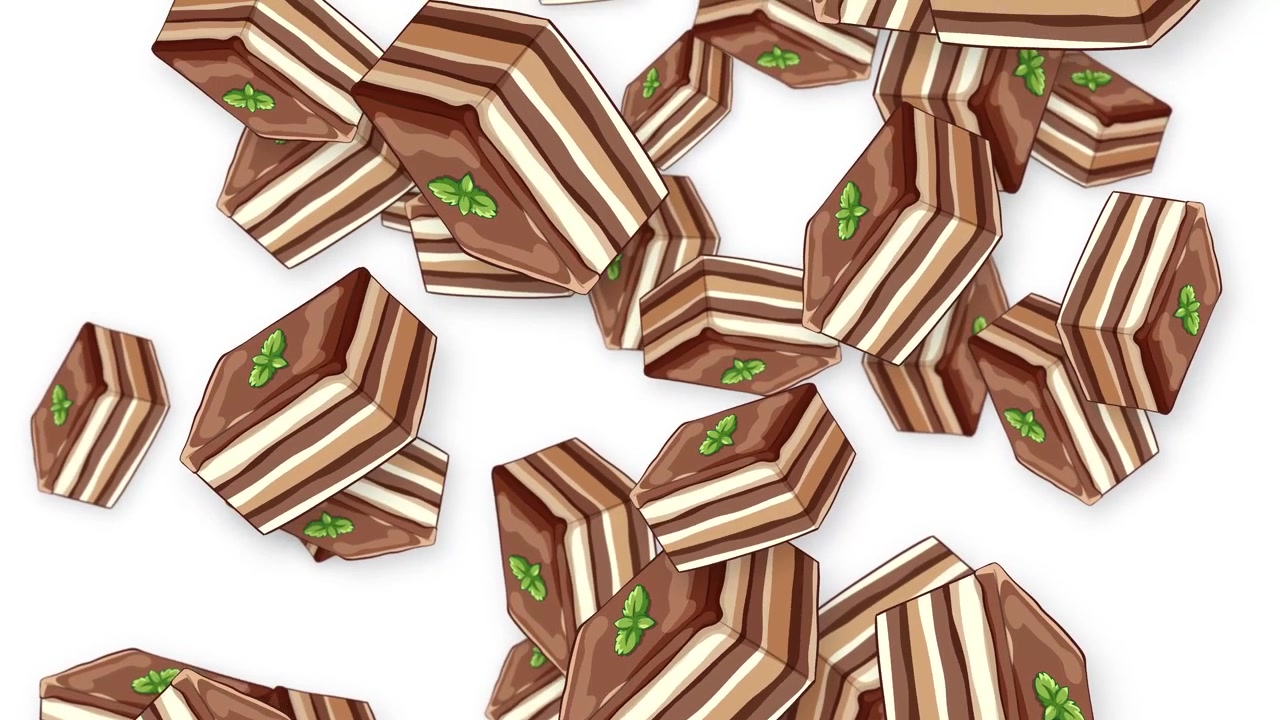 Stylized chocolate cake slices with mint garnish fall continuously against a clean white background.