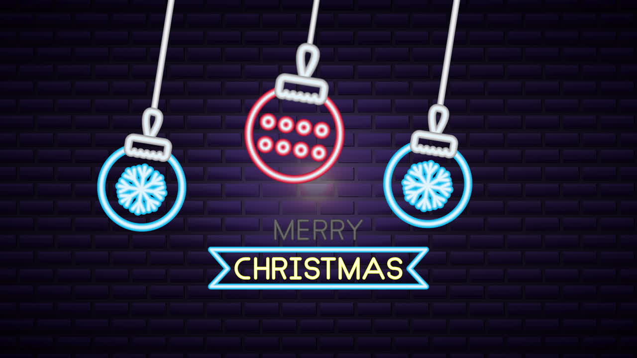 크리스마스 네온 조명 라벨에 공이 매달려 있습니다.
