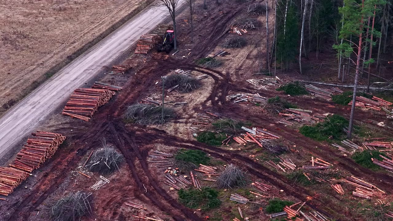 Deforestation area with a logging machine stacking felled trees by a dirt road, aerial view