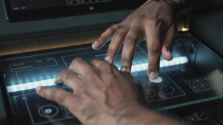 Approaching inked hands initiating sequence, tapping white pads on touch panel at lowlit station
