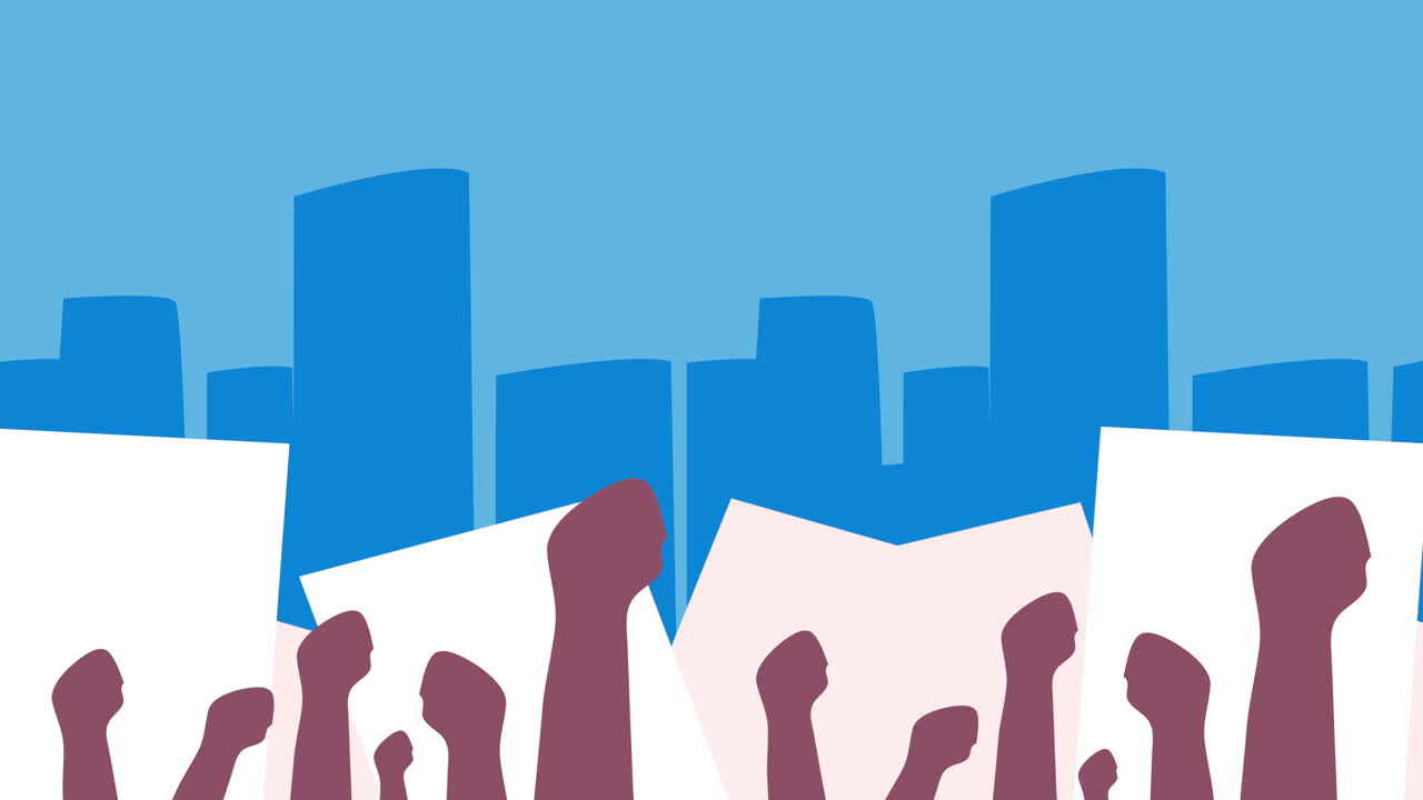 민주적 애니메이션에 항의하는 사람들의 손