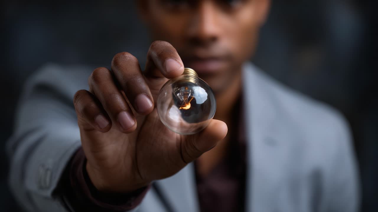 A Thoughtful Man Holding a Glowing Light Bulb, Symbolizing Innovation, Creativity, and Inspiration in a Dark Background with a Professional Appearance