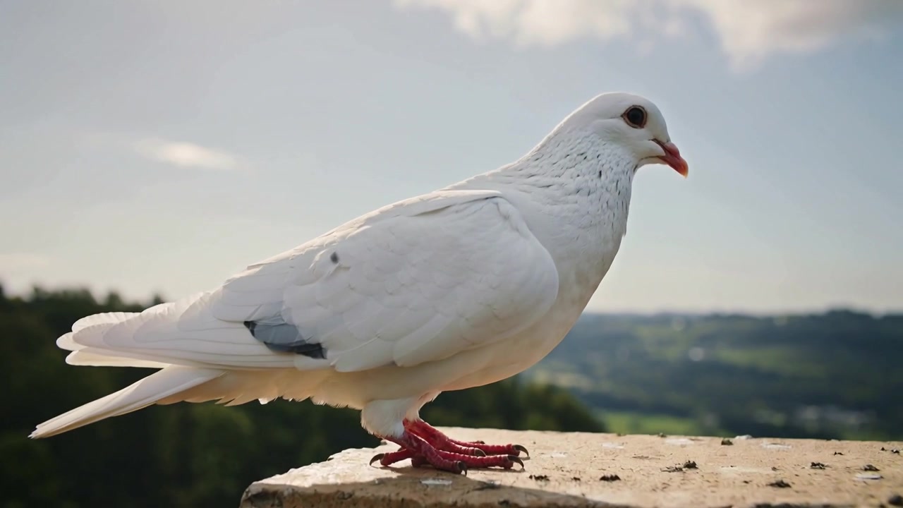 Una colomba bianca atterra avvicinandosi a un parapetto di pietra, spostandosi e posandosi su una tegola di terracotta per riposare.