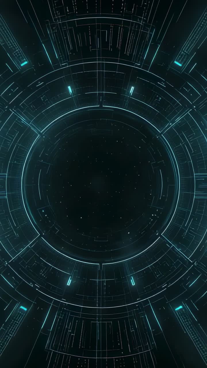 Video verticale: Portale ad anello pulsante che reagisce a un debole bagliore, allineando e scansionando l'HUD con barre color ottanio.