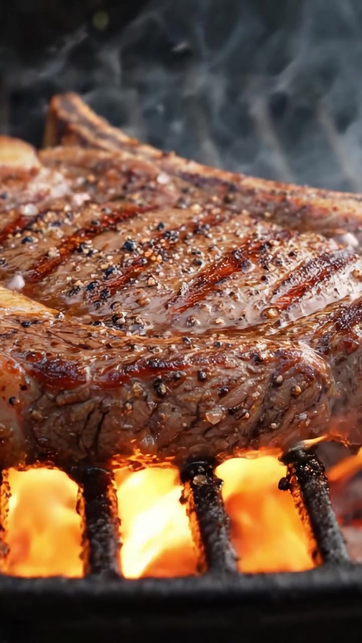 A Juicy Grilled Steak Sizzling Over Charcoal Flames: A Culinary Delight with Perfect Grill Marks and Mouthwatering Juices Rendering Under High Heat