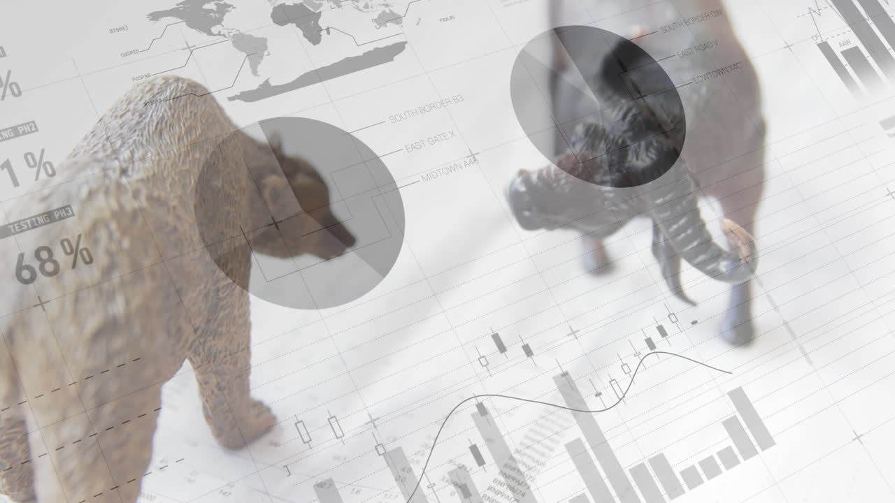 전면에 그래프와 통계가 있는 동물 동상 4k