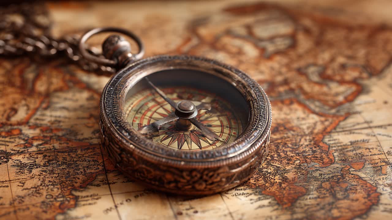 An Intricate Antique Compass Resting on a Vintage World Map, Capturing the Essence of Exploration and Adventure Through Time and Space