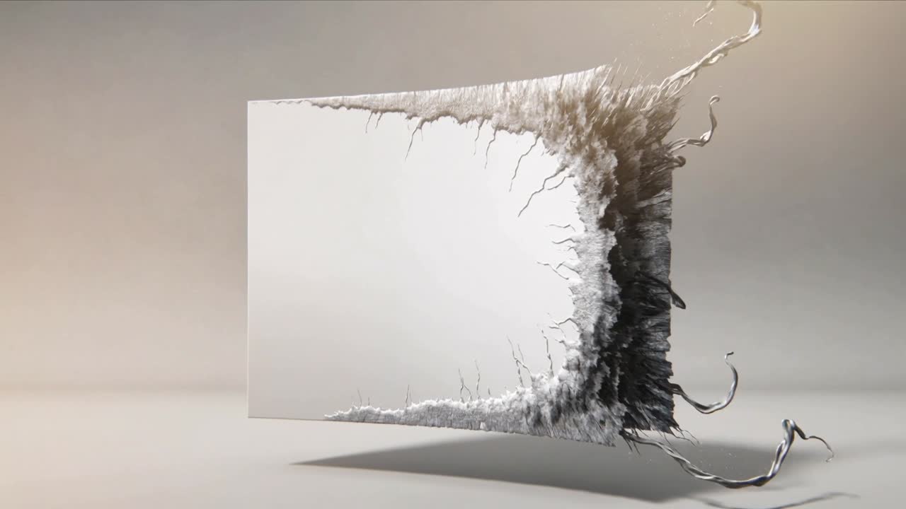 Cresta che appare sul bordo destro che causa un pannello fluttuante che estrude filamenti metallici in uno studio neutro.