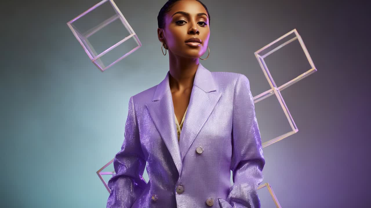 A stunning fashion model showcases a contemporary purple suit against a modern backdrop featuring geometric shapes, merging elegance with artistic design, perfect for a high-fashion editorial shoot