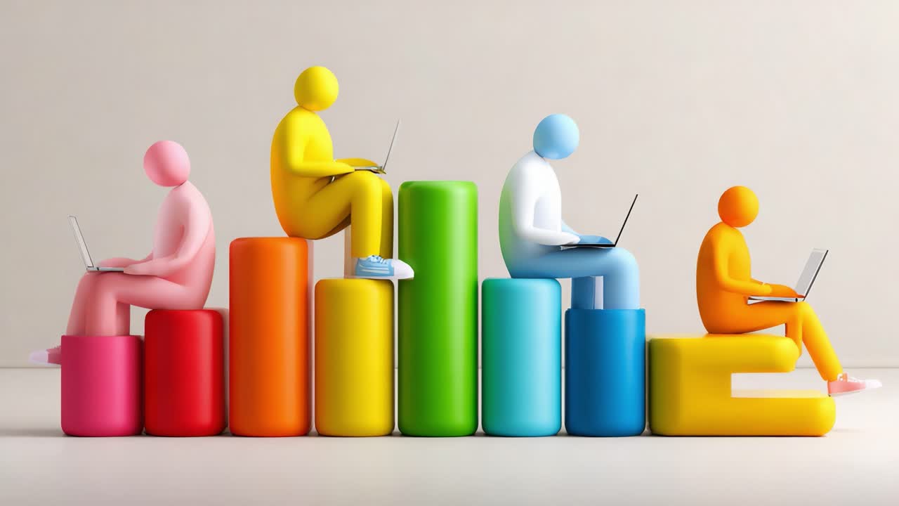Colorful Figures Engaged in Work: A Vivid Display of Diversity and Productivity with Modern Technology, Representing Collaboration and Teamwork in a Creative Environment