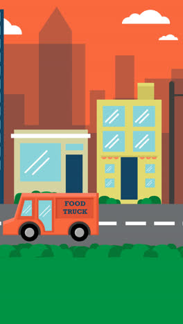 motion graphic of city buildings and a food truck