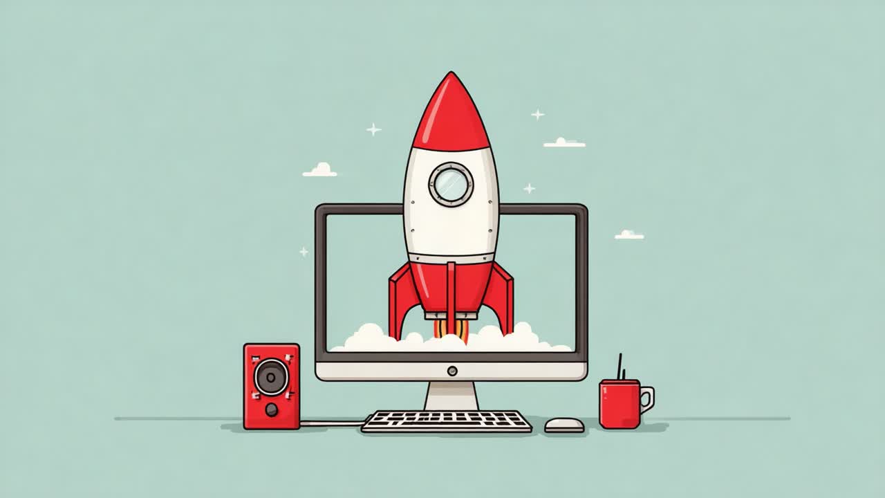 Illustrative Concept of a Rocket Launching from a Computer Screen, Symbolizing Innovation, Technology, and Adventure in the Digital Age