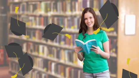 Animation-of-graduation-hats-falling-over-caucasian-female-student-with-book